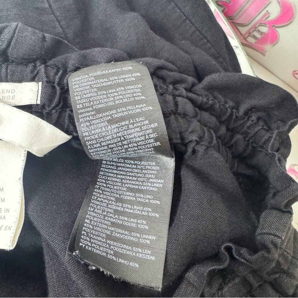 H&m linen blend pants stretchy waist band smocked Black Elastic Waist Pants - Picture 5 of 6